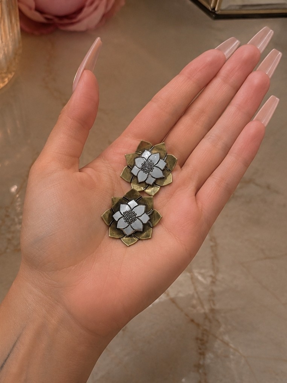 Rare & Retired James Avery Large Lotus Flower Earrings Brass Silver Vintage